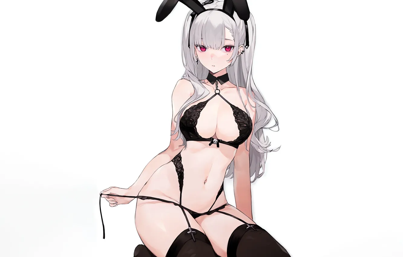 Photo wallpaper girl, sexy, lingerie, bra, cleavage, panties, thighhighs, long hair