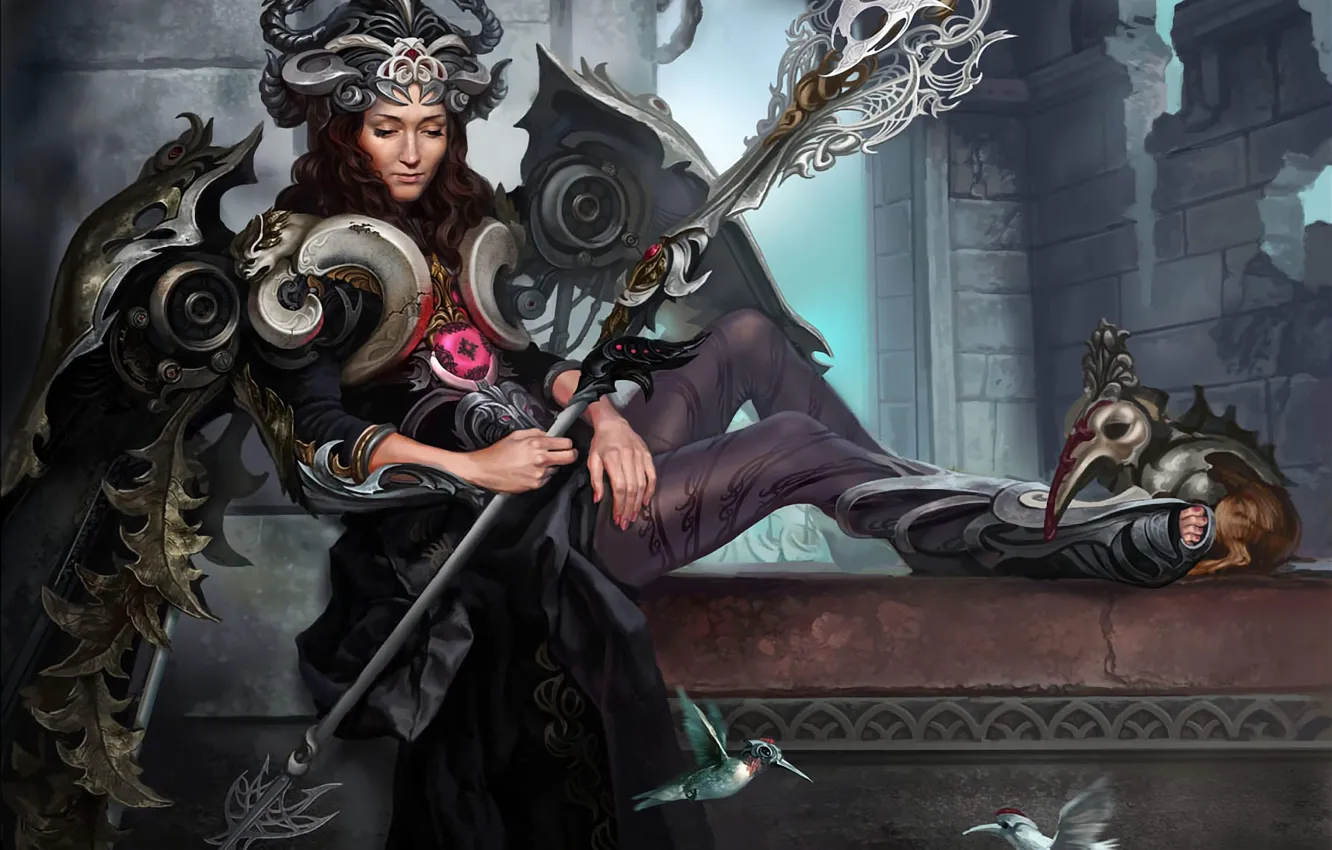 Photo wallpaper girl, bird, wings, armor, crown, Hummingbird, art, staff