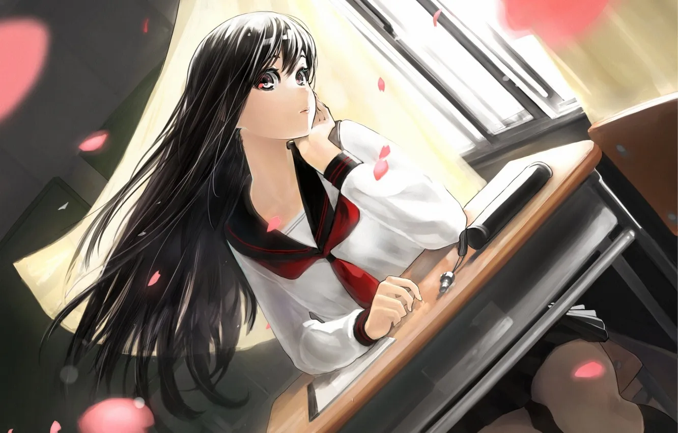 Photo wallpaper girl, the wind, petals, window, art, school, desks, tagaya6592