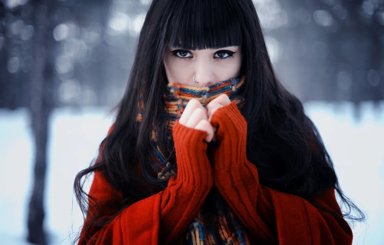 Photo wallpaper winter, look, girl, scarf, piercing, brunette, sweater