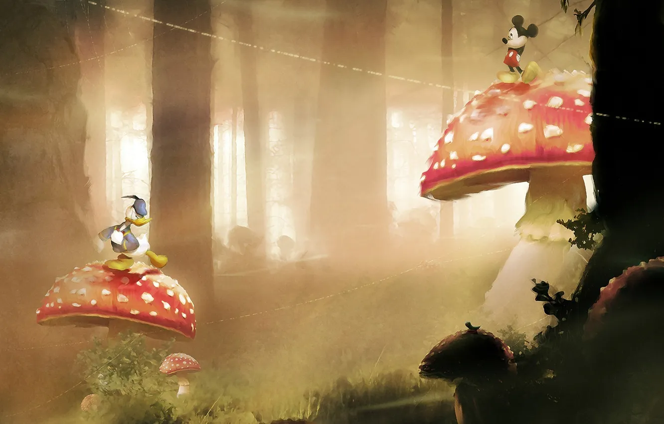 Photo wallpaper forest, grass, trees, mushrooms, cartoon, Amanita, Disney, Mickey Mouse