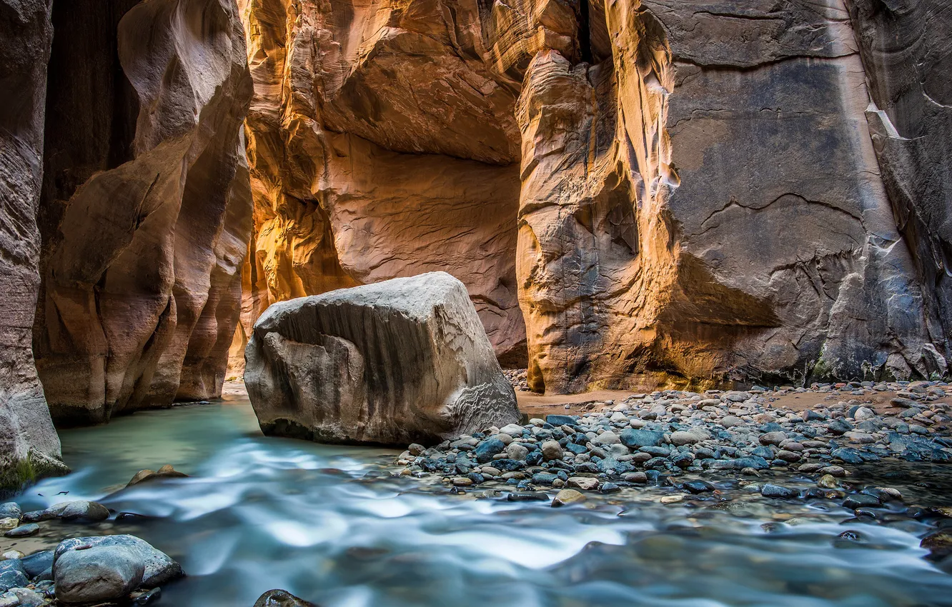 Photo wallpaper river, stones, rocks, canyon, gorge, Utah, USA, Zion National Park