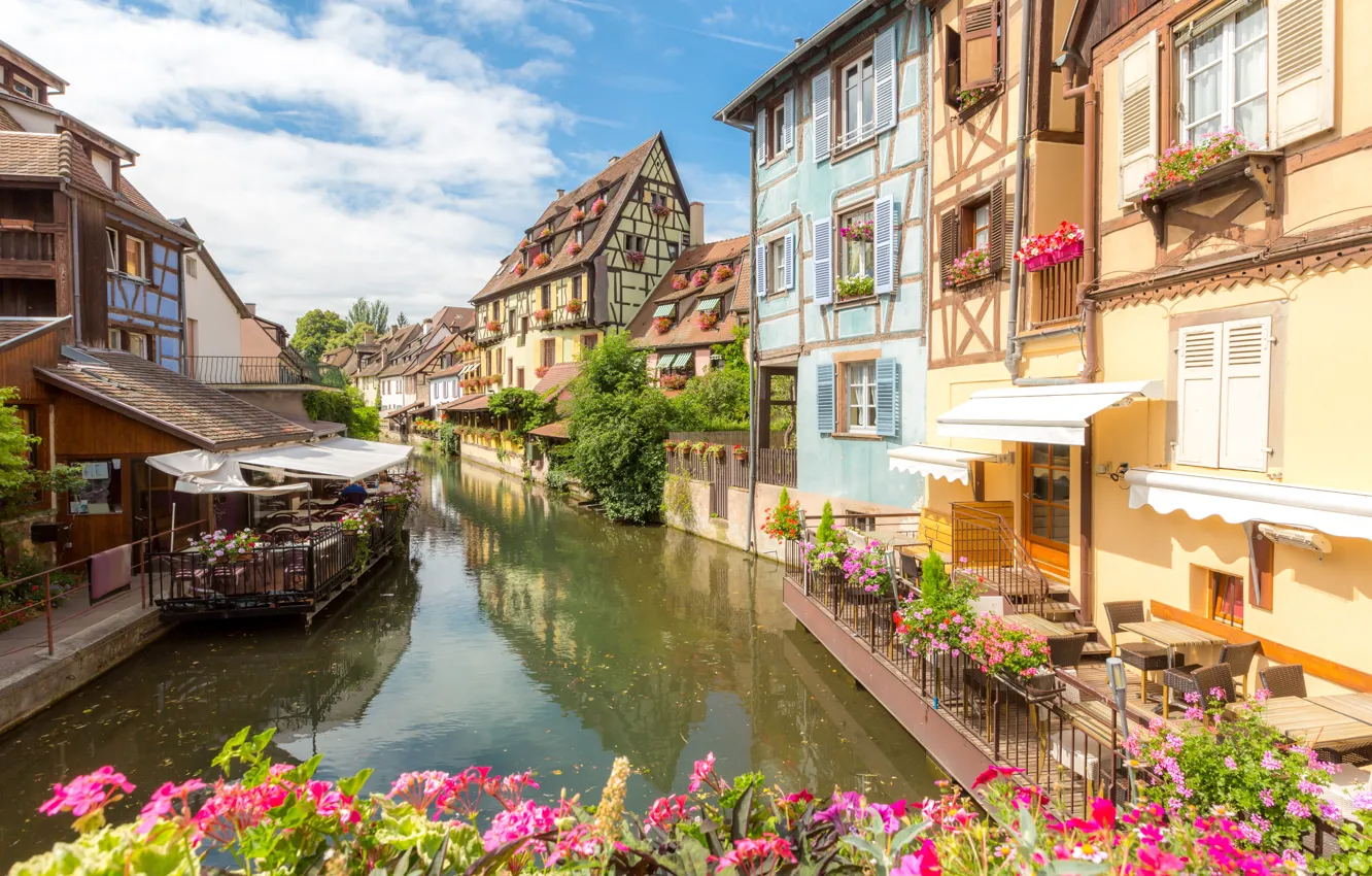 Photo wallpaper river, street, France, home, France, flowers, street, buildings