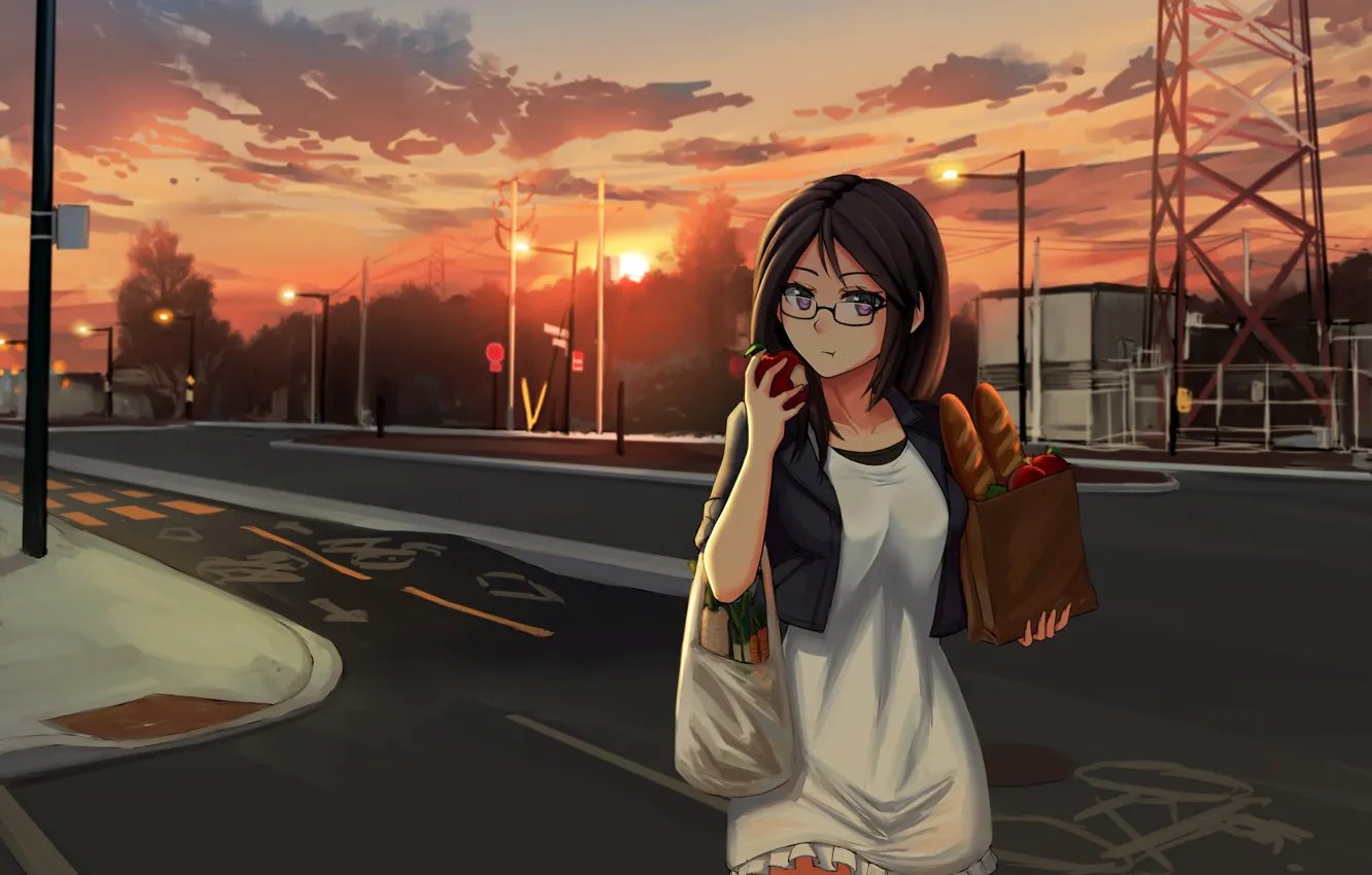 Photo wallpaper girl, sunset, street