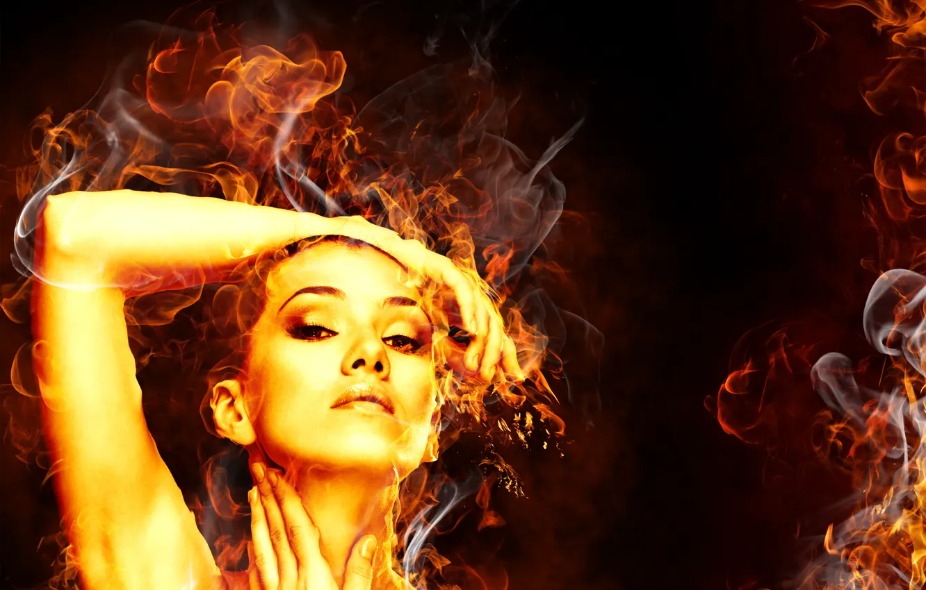 Photo wallpaper girl, fire, smoke, girl, Flames