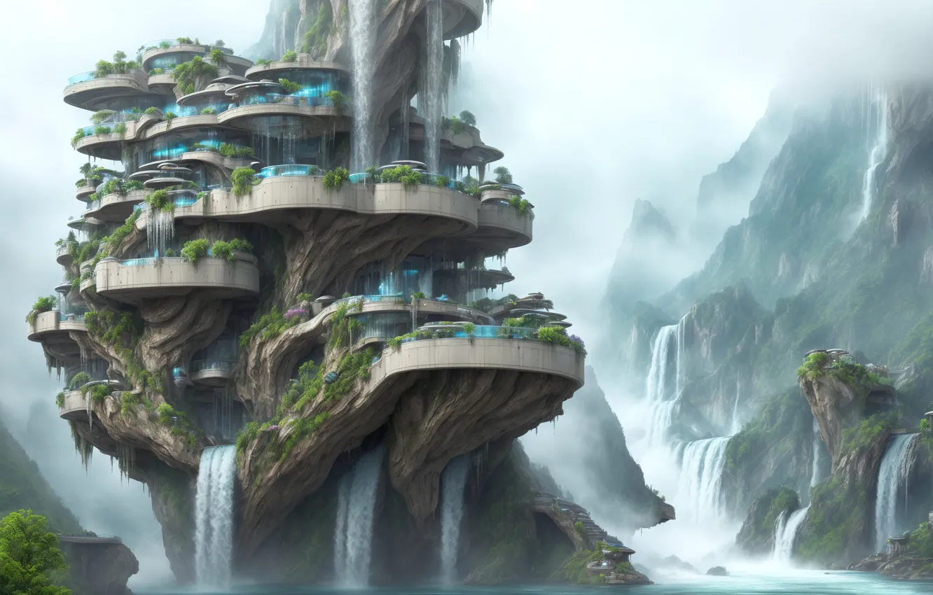 Photo wallpaper landscape, art, fog, waterfall, fantastic, Future, digital art, futuristic