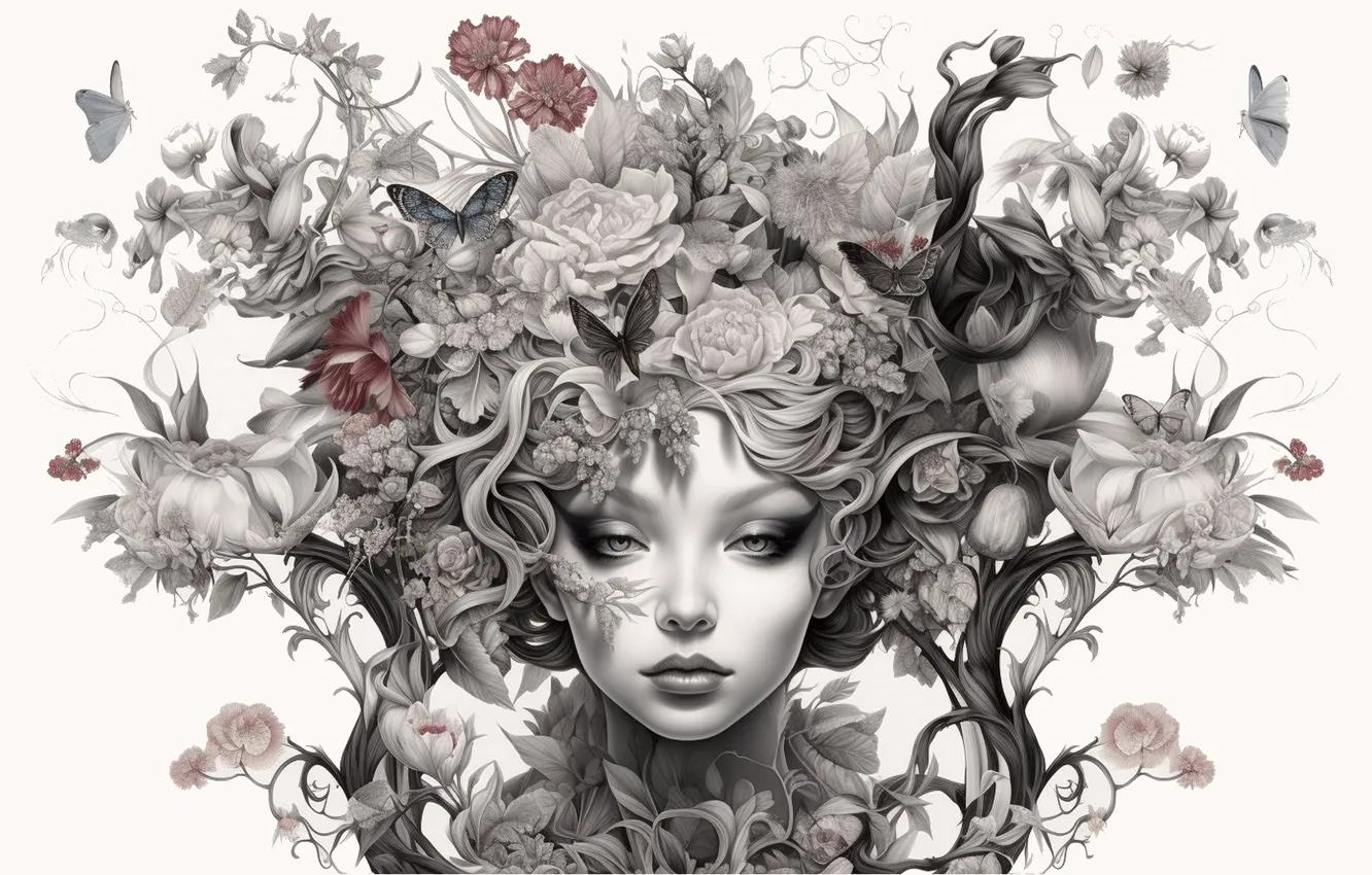 Photo wallpaper girl, flowers, face, hair, butterflies