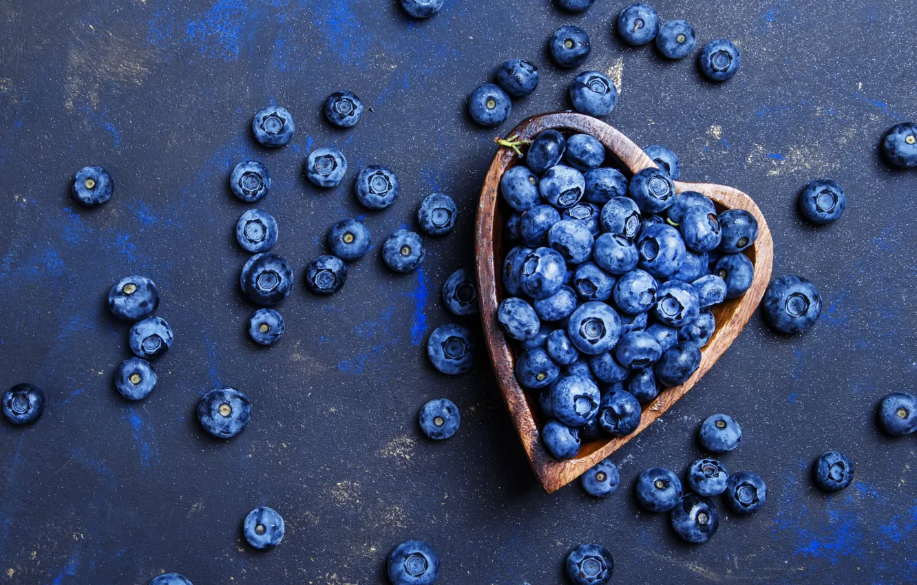 Photo wallpaper berries, heart, bowl, placer, a lot, blue background, blueberries