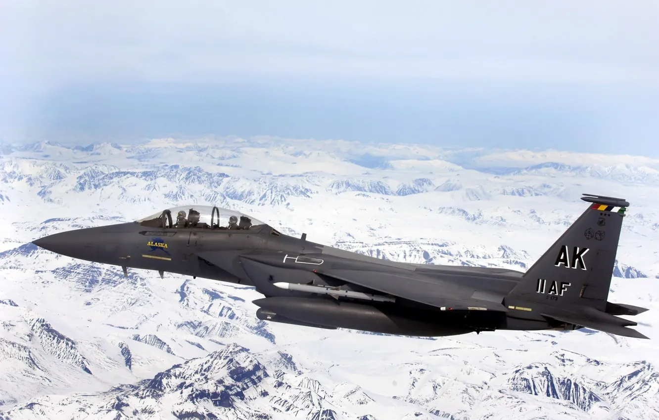 Photo wallpaper flight, height, fighter, snowy mountains
