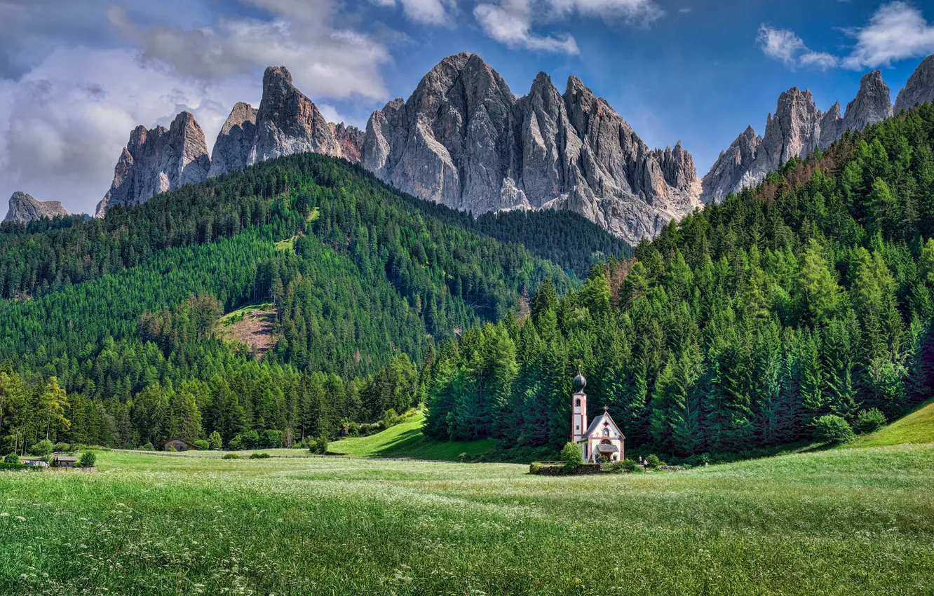 Photo wallpaper grass, mountains, nature, rocks, meadow, Italy, Church