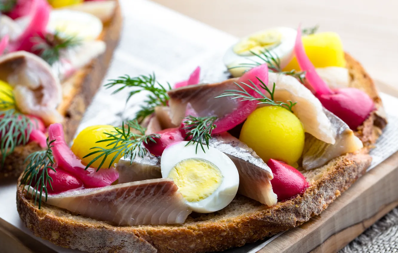 Photo wallpaper eggs, dill, bread, sandwiches, herring