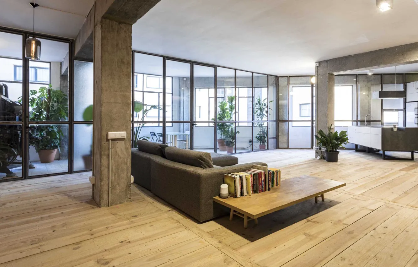 Photo wallpaper design, style, interior, kitchen, living room, dining room, Loft in Barcelona, industrial loft apartment