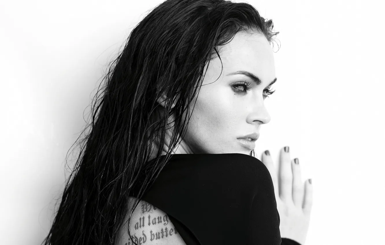 Photo wallpaper Megan Fox, Megan Fox, wet, actress, brunette, tattoo, tattoo, black and white