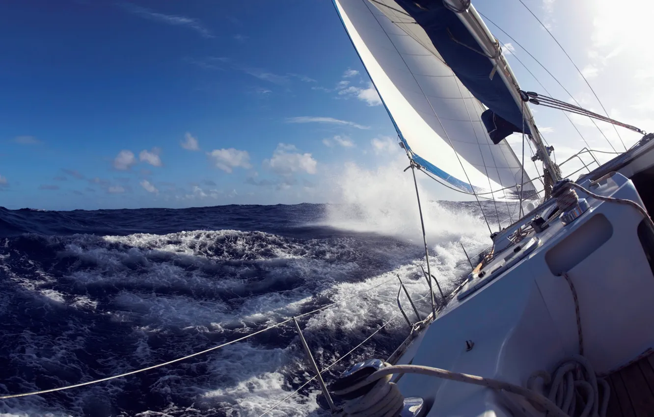 Photo wallpaper sea, wave, storm, yacht, sail