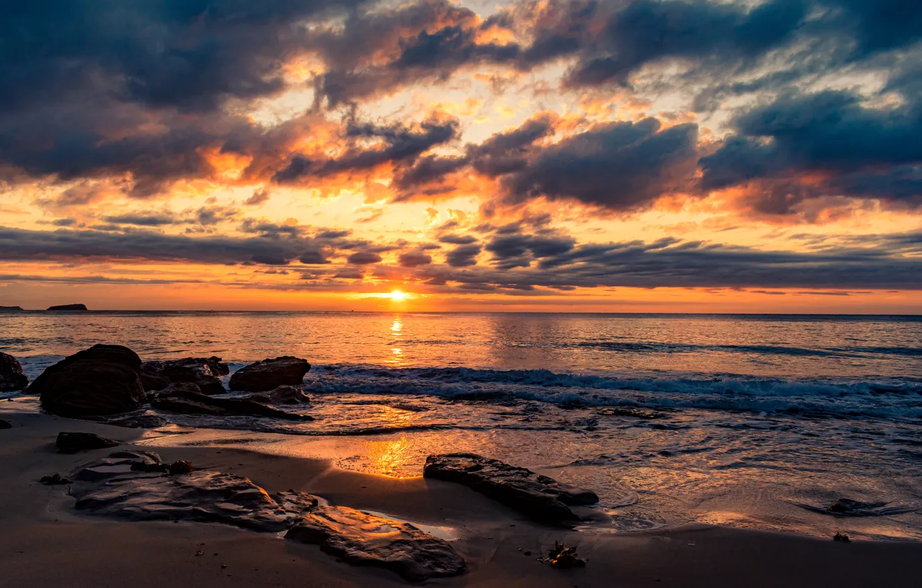 Photo wallpaper sand, sea, beach, summer, the sky, sunset, clouds, summer