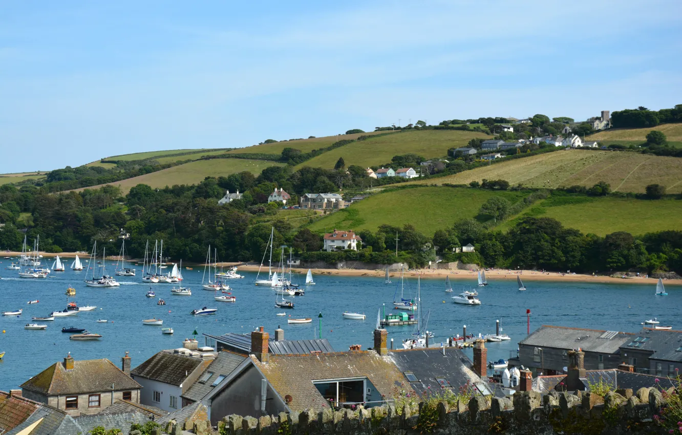 Photo wallpaper field, England, Home, yachts, Panorama, Roof, Landscape, boats