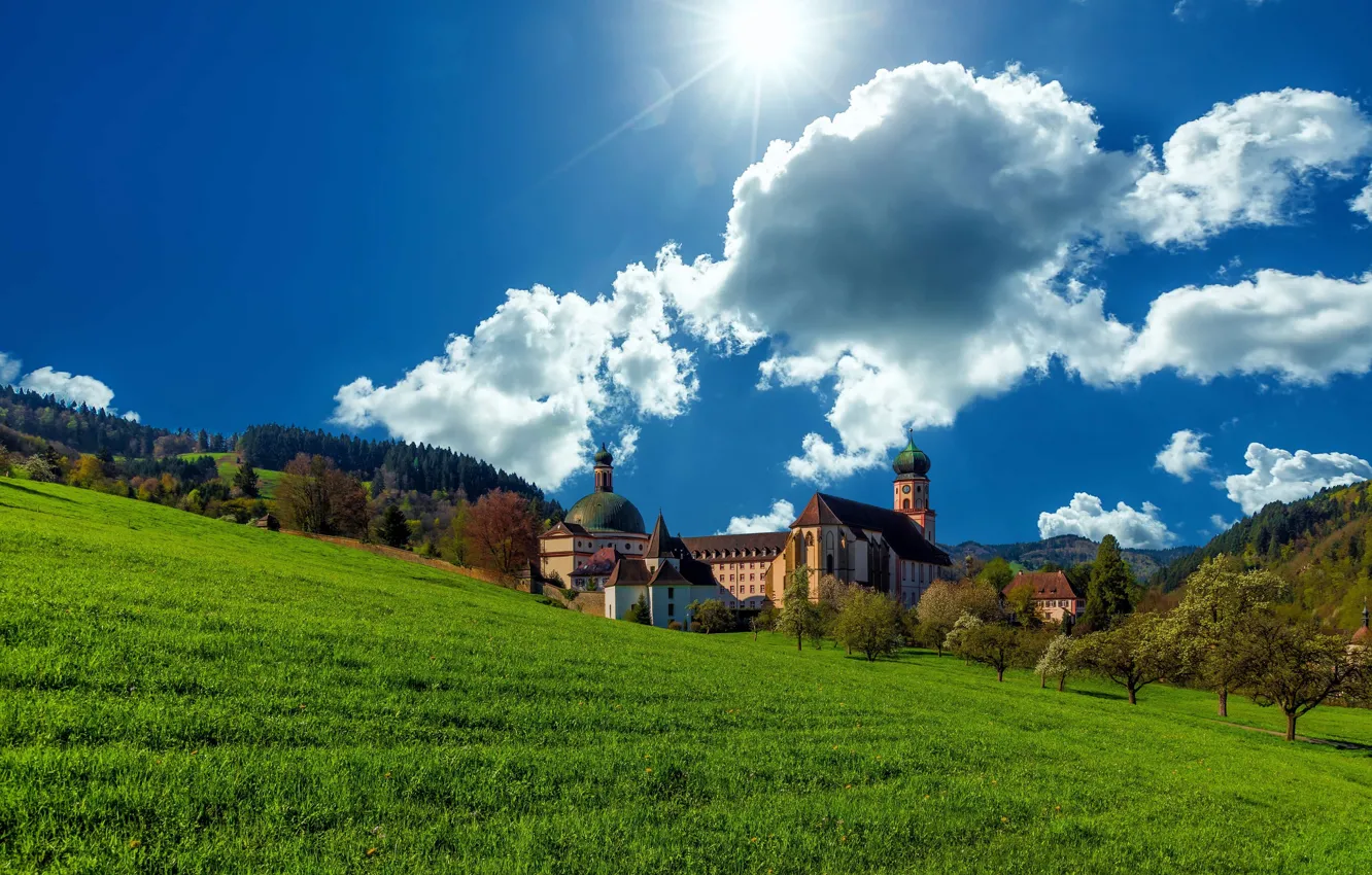 Photo wallpaper the sky, clouds, Germany, meadow, the monastery, Germany, Baden-Württemberg, Baden-Württemberg