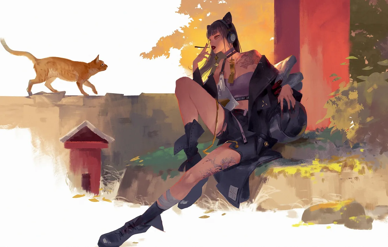 Photo wallpaper girl, smoking, cat, art, tattoo, cigarette, animal, digital art