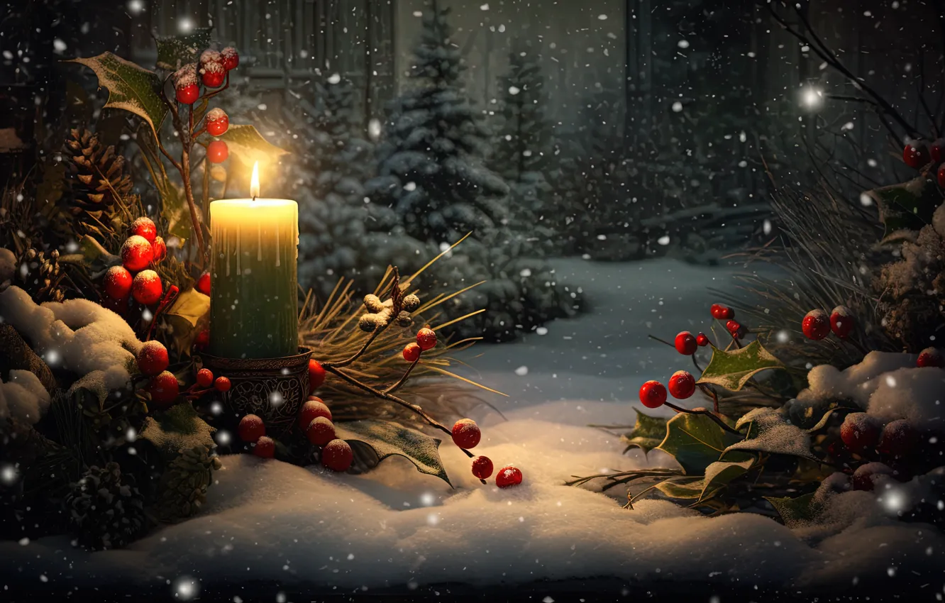 Photo wallpaper winter, snow, decoration, night, berries, candles, New Year, Christmas