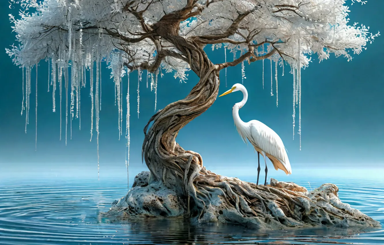 Photo wallpaper water, bird, stork