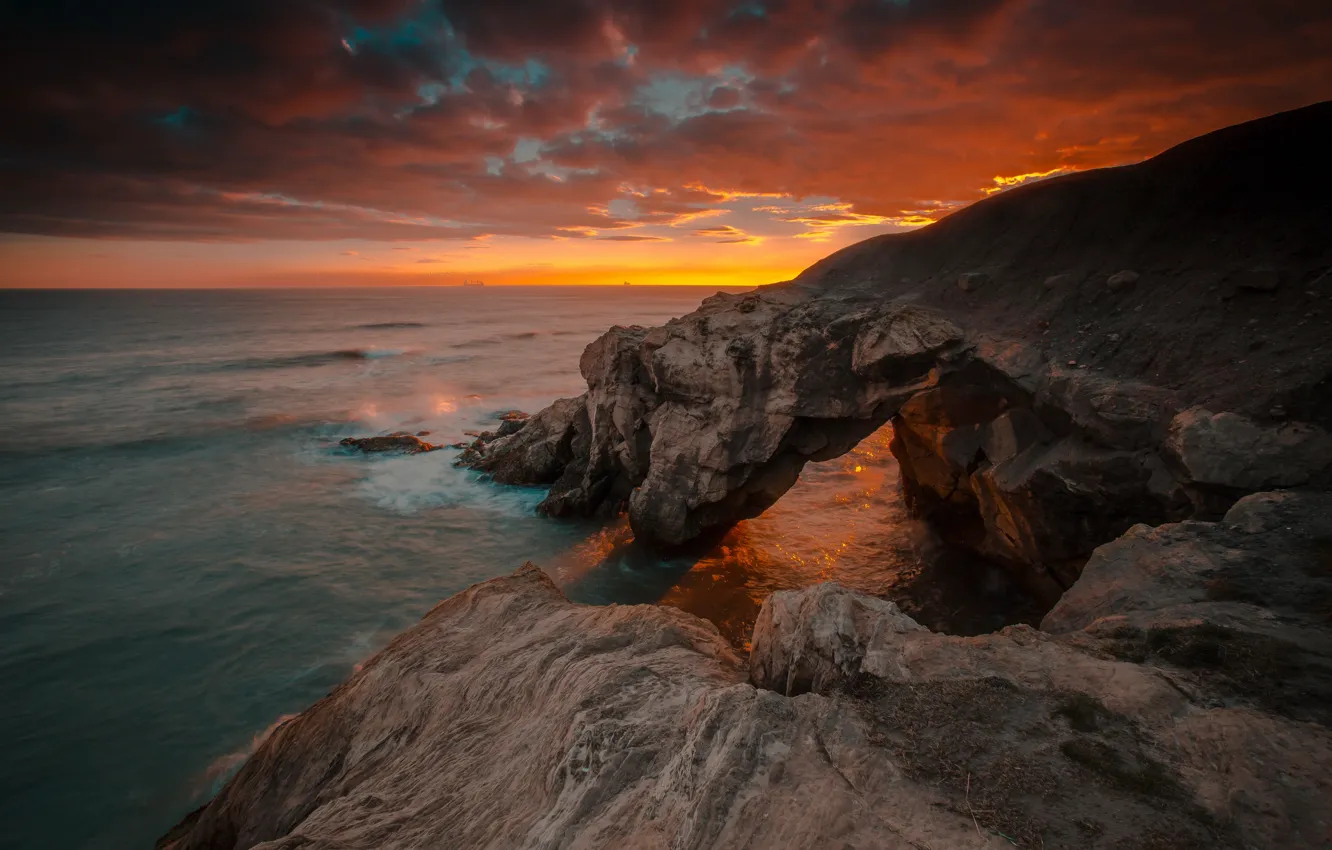 Photo wallpaper sea, sunrise, rocks, England, Northumberland