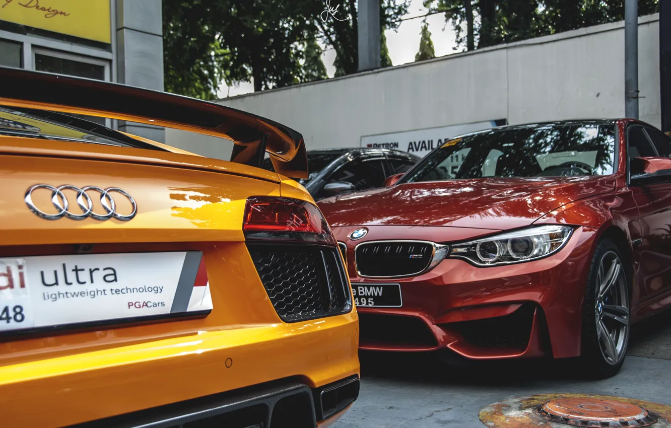 Photo wallpaper Audi, BMW, red, yellow, parking