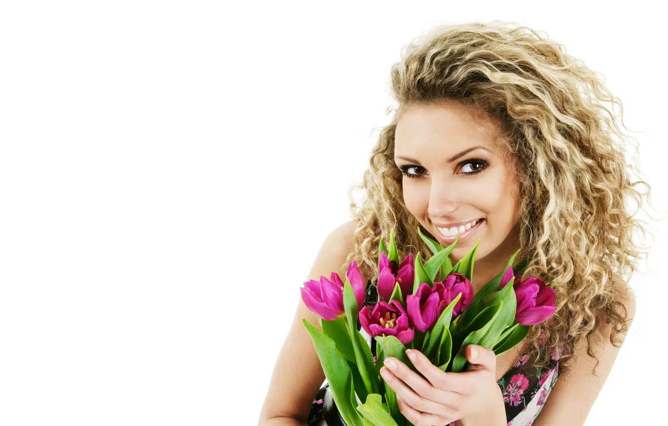 Photo wallpaper eyes, flowers, smile, Girls, hands, tulips