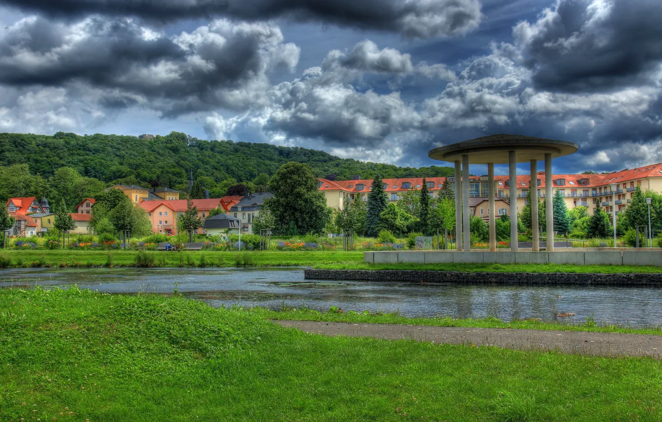 Photo wallpaper grass, clouds, the city, photo, HDR, Germany, Bad Liebenstein