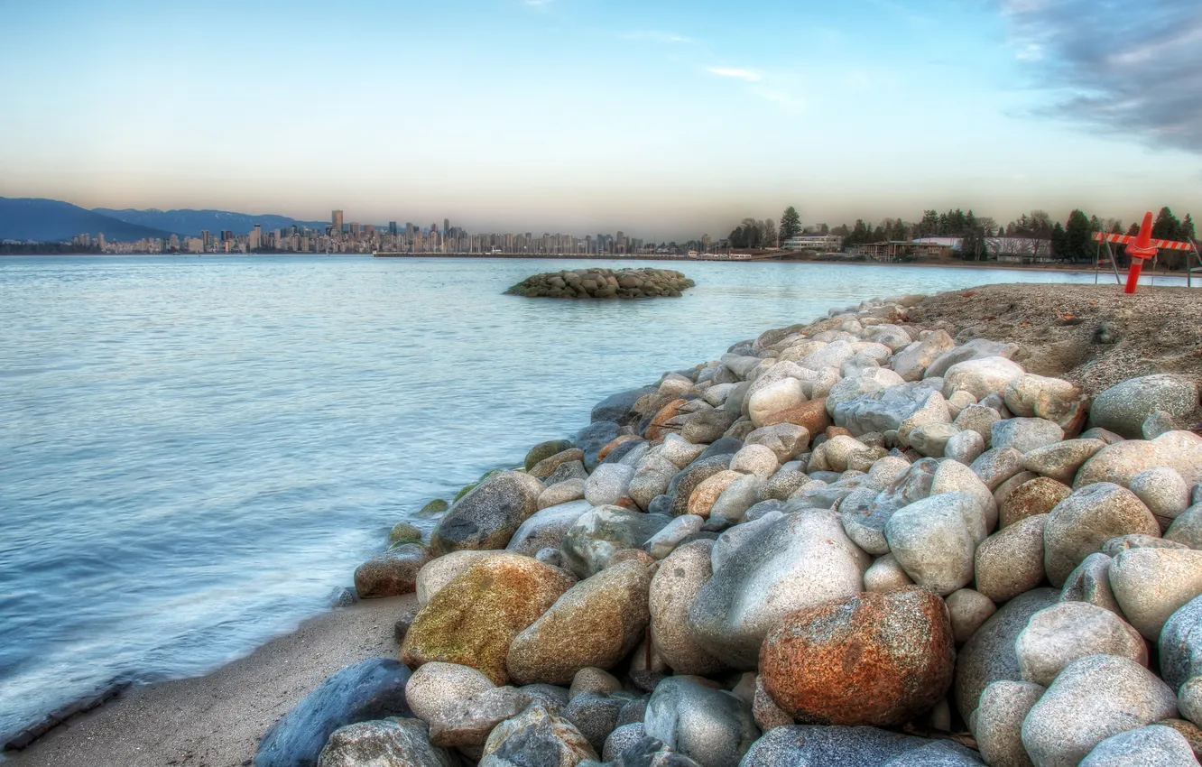 Photo wallpaper sea, mountains, the city, stones, coast, HDR, Canada, Vancouver