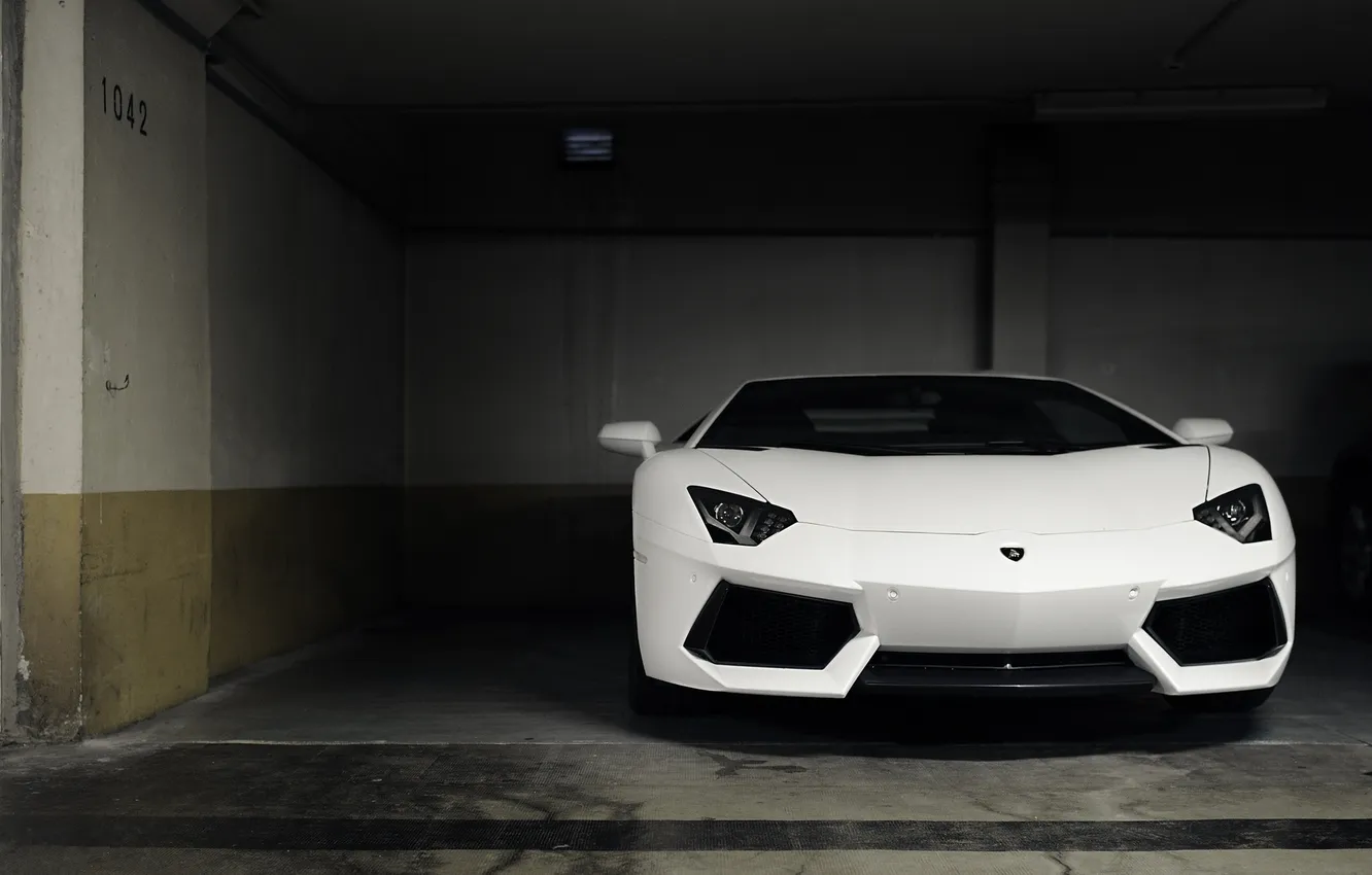 Photo wallpaper white, wall, Lamborghini, Parking, white, the front, Aventador, Lamborghini