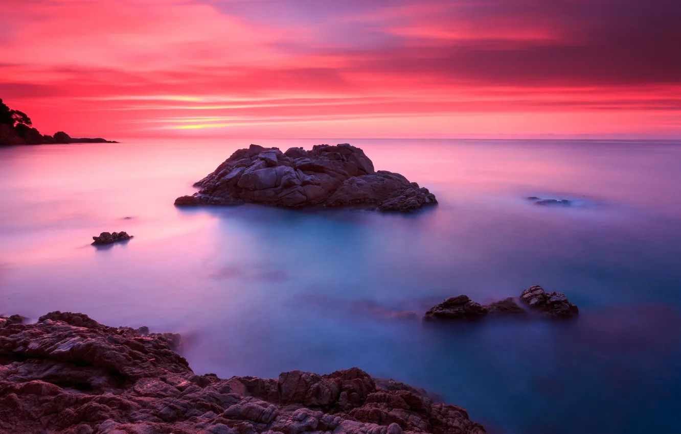 Photo wallpaper sea, the sky, clouds, stones, rocks, glow