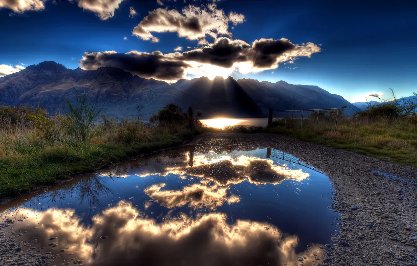 Photo wallpaper the sun, nature, stones, puddle