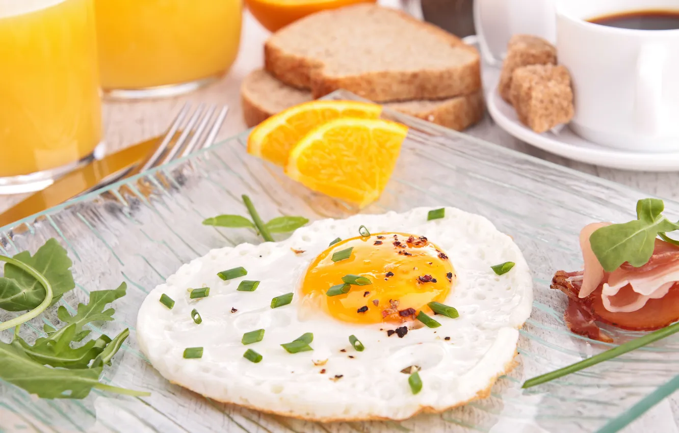 Photo wallpaper orange, Breakfast, scrambled eggs, bacon, green onions