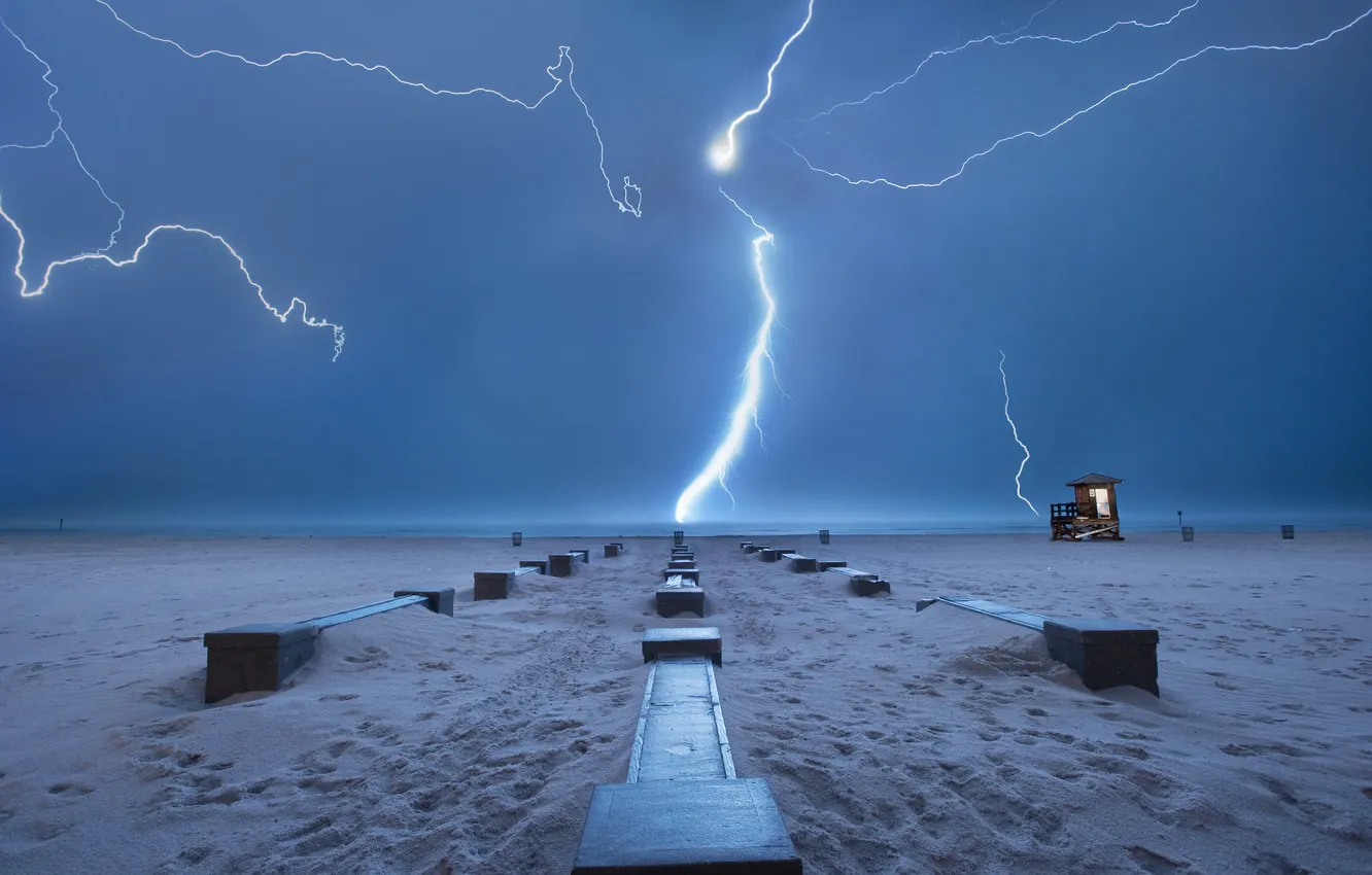 Photo wallpaper sand, sea, the storm, beach, bench, night, blue, shore