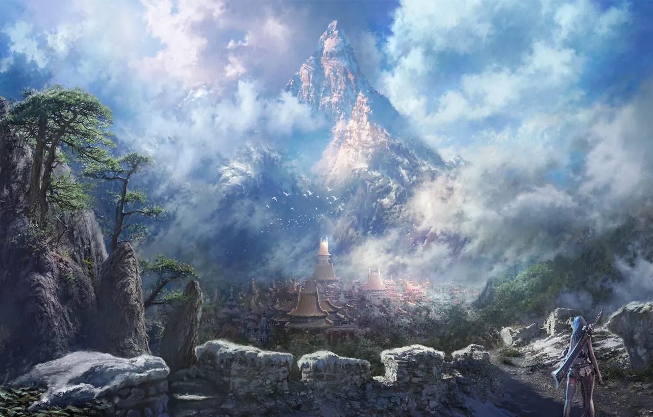 Photo wallpaper girl, mountains, the city, rocks, sword, Blade and Soul