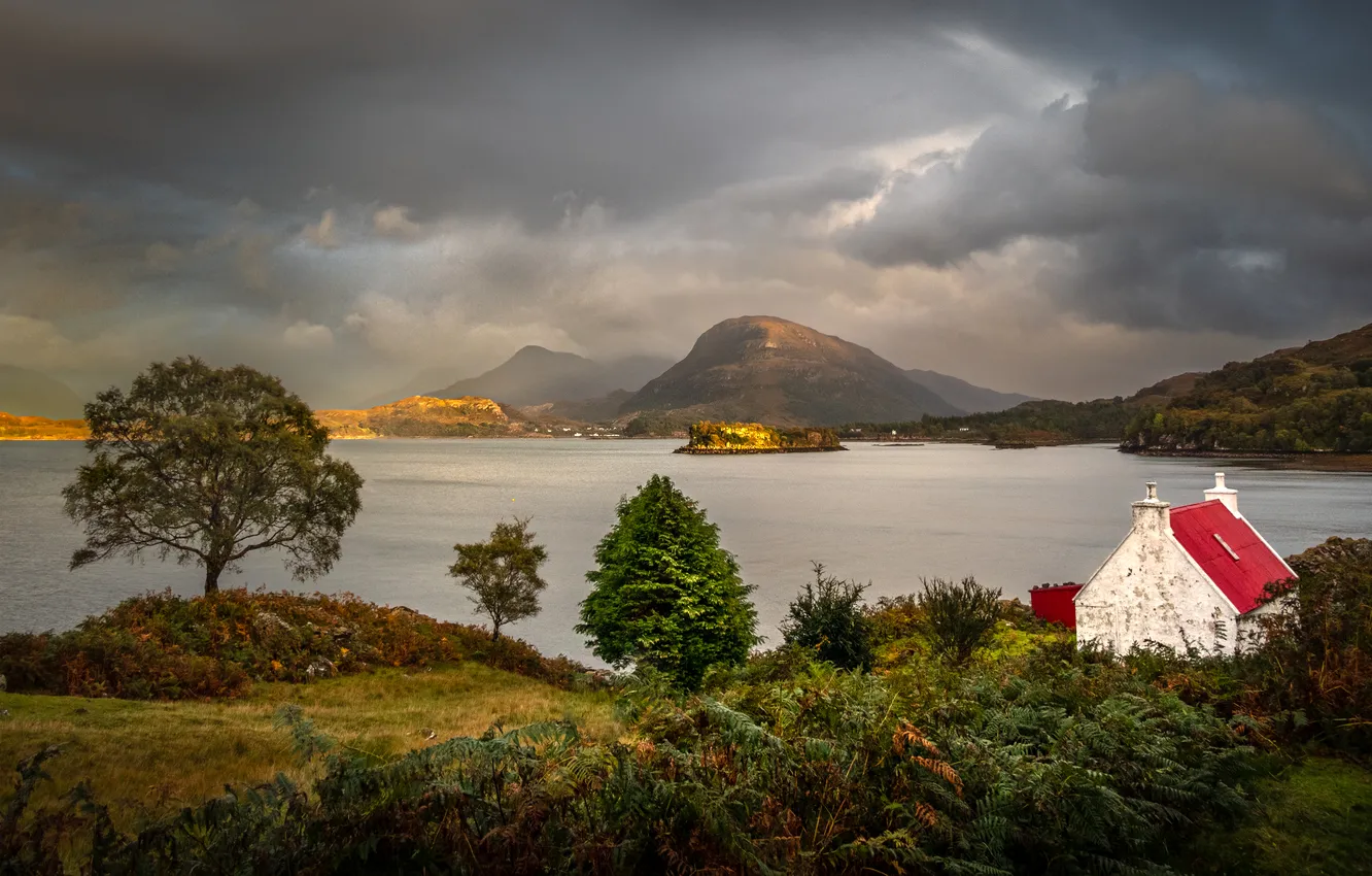 Photo wallpaper shore, house, pond