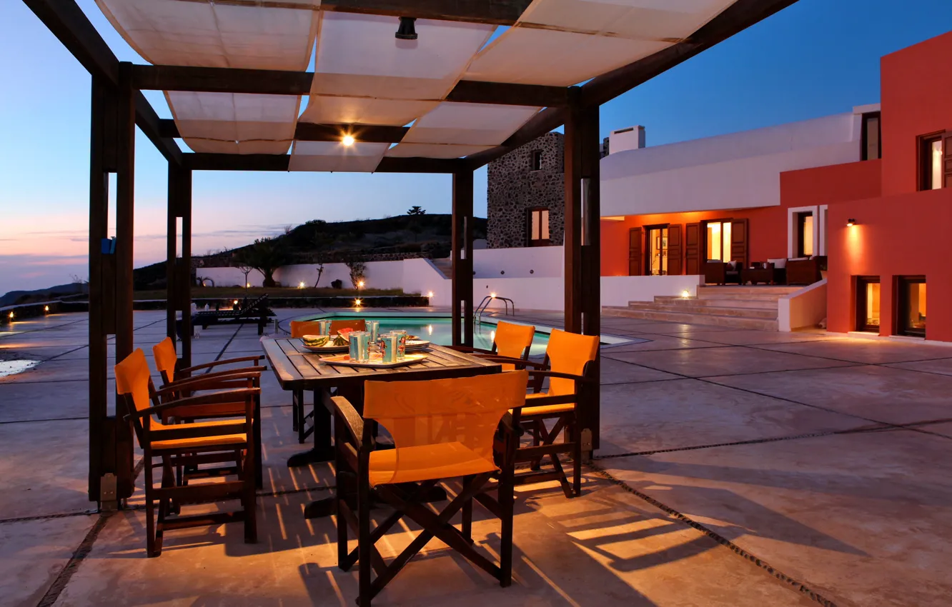 Photo wallpaper Villa, the evening, pool, lighting, canopy, architecture, terrace, dining room
