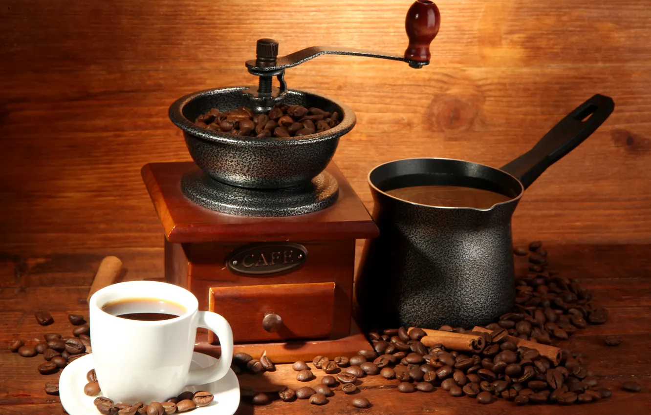 Photo wallpaper coffee, grain, mug, drink, cinnamon, Turk, coffee grinder