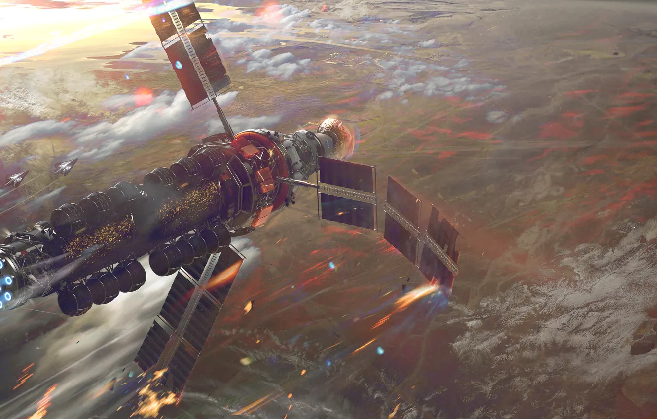 Photo wallpaper space, satellite, the atmosphere, art, Top, falls, layer