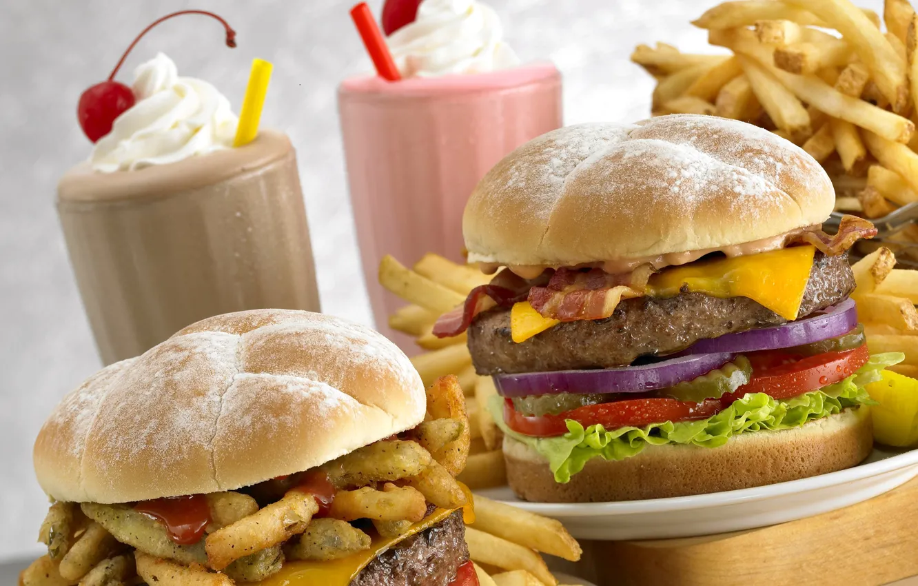 Photo wallpaper French fries, fast food, burgers, shake