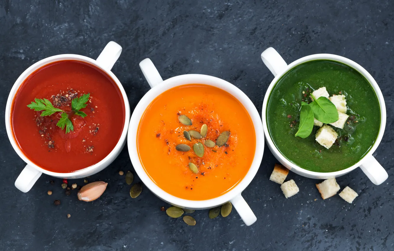 Photo wallpaper soup, pumpkin, seeds, tomatoes, spinach