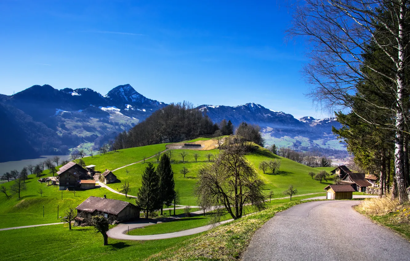 Photo wallpaper road, the sun, mountains, home, spring, Switzerland, Switzerland, mountains