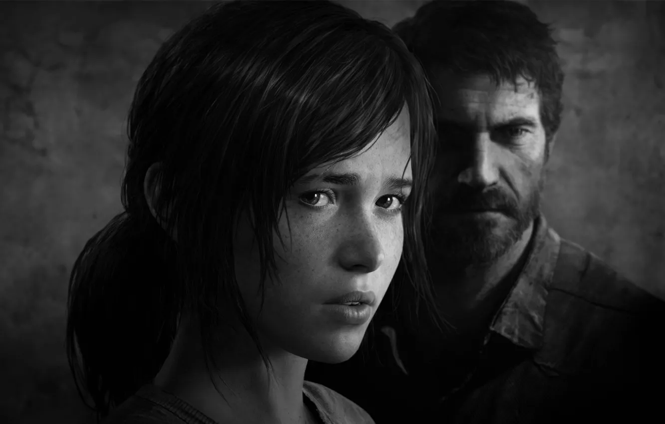 Photo wallpaper black and white, Ellie, game, The Last of Us, Joel