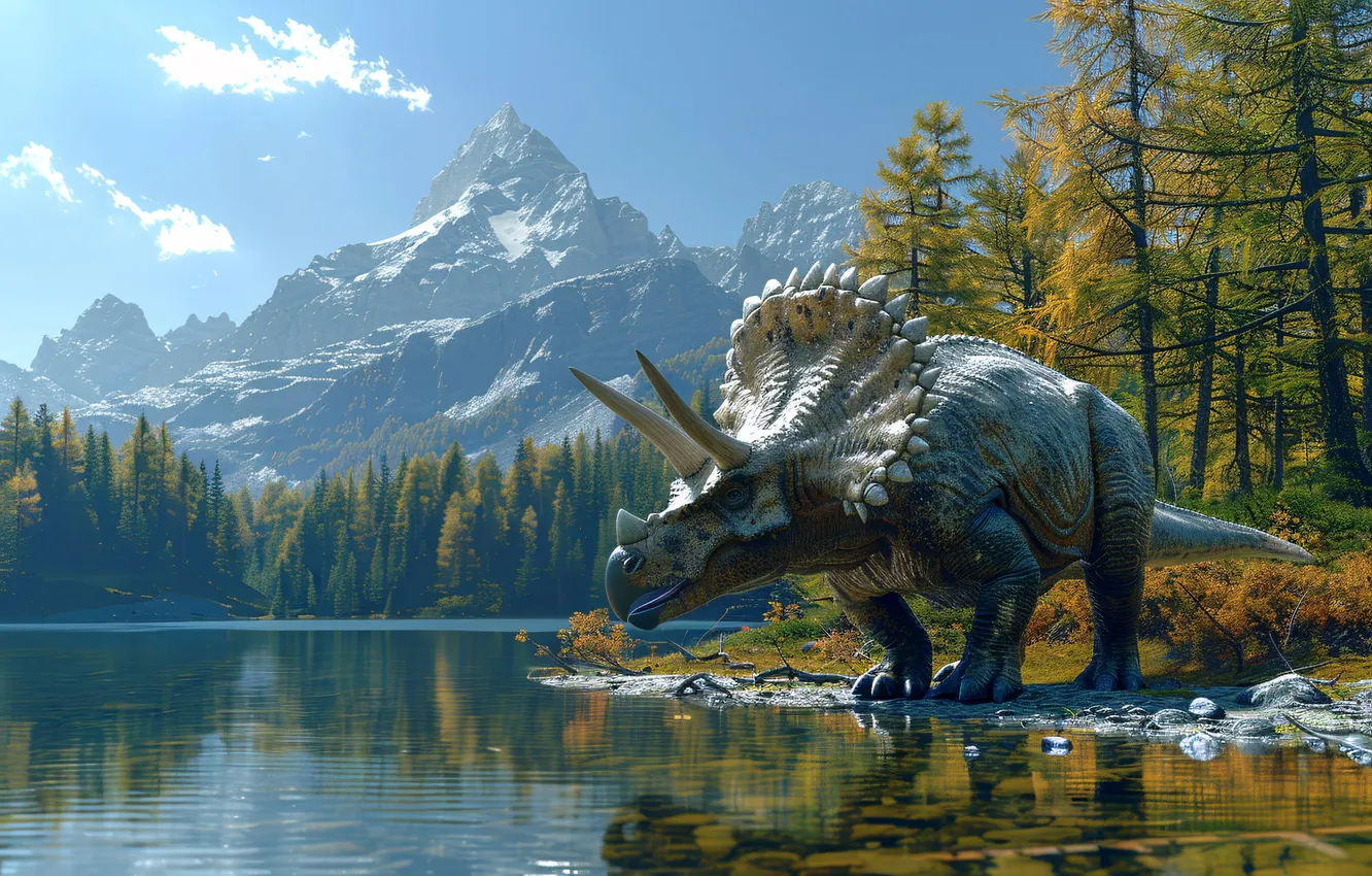 Photo wallpaper water, trees, mountains, animal, dinosaur, horns, Triceratops, digital art