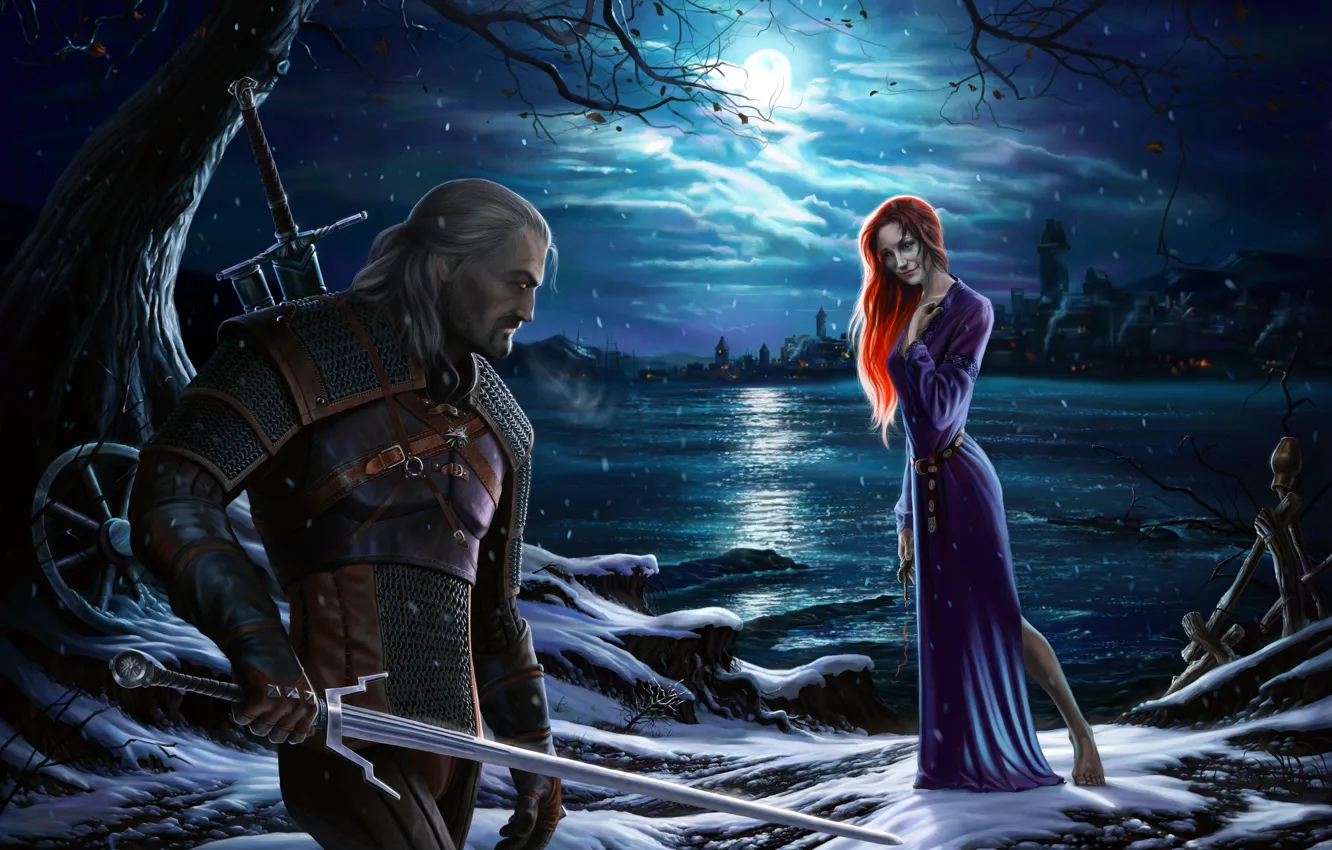 Photo wallpaper girl, night, the moon, shore, sword, dress, red, rpg