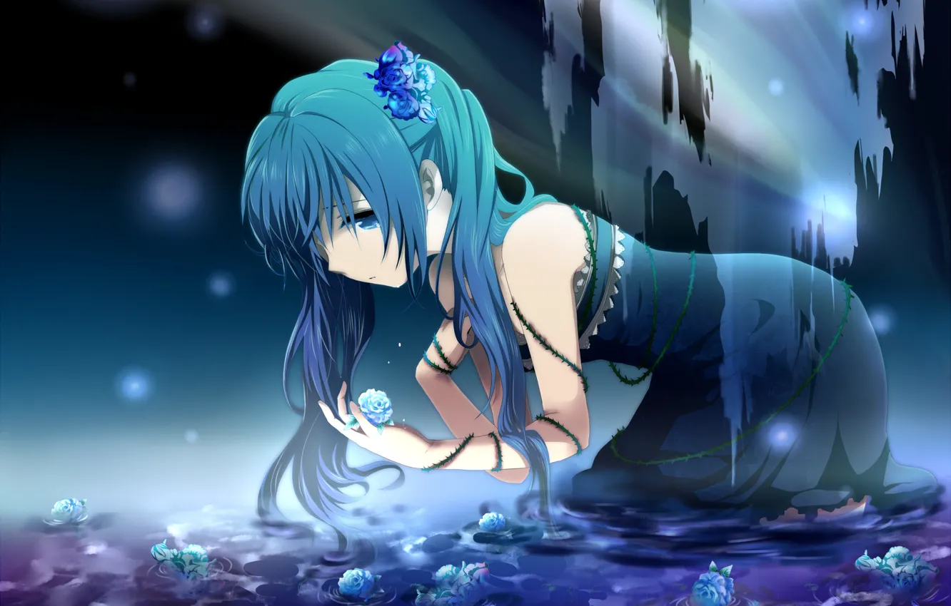 Photo wallpaper water, girl, flowers, roses, art, spikes, vocaloid, hatsune miku