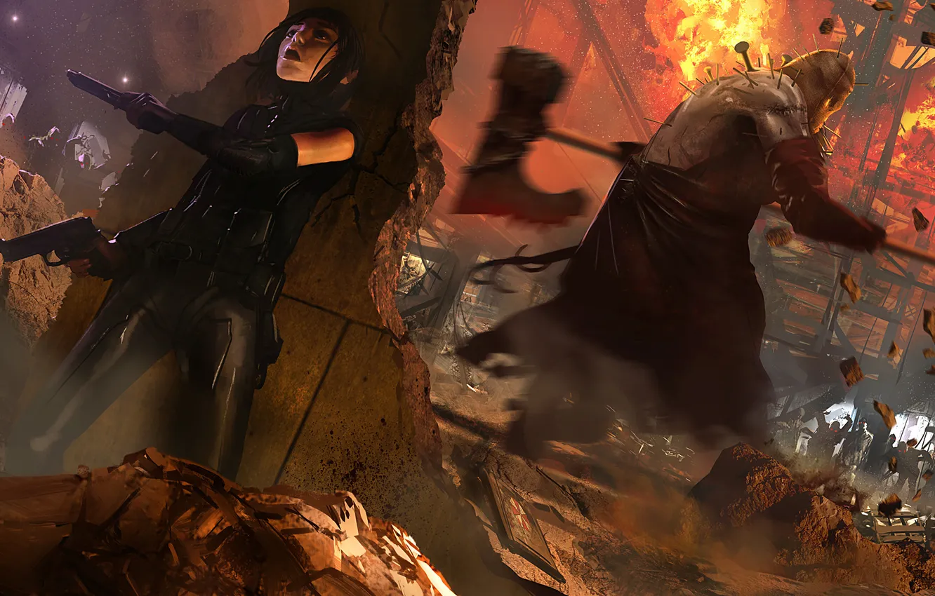 Photo wallpaper girl, gun, hammer, zombies, Resident evil, Resident Evil, butcher