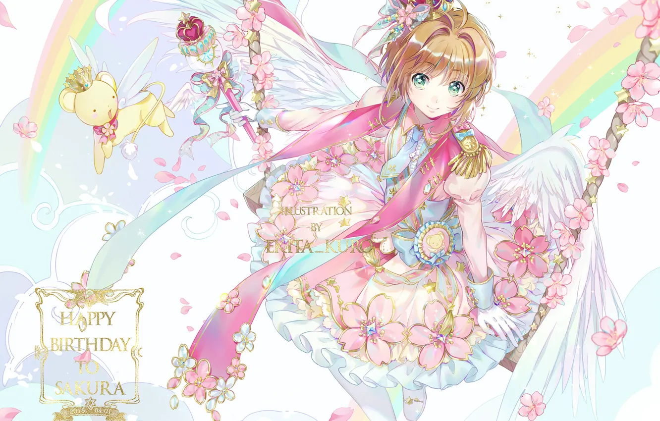 Photo wallpaper flowers, swing, anime, art, girl, Card Captor Sakura
