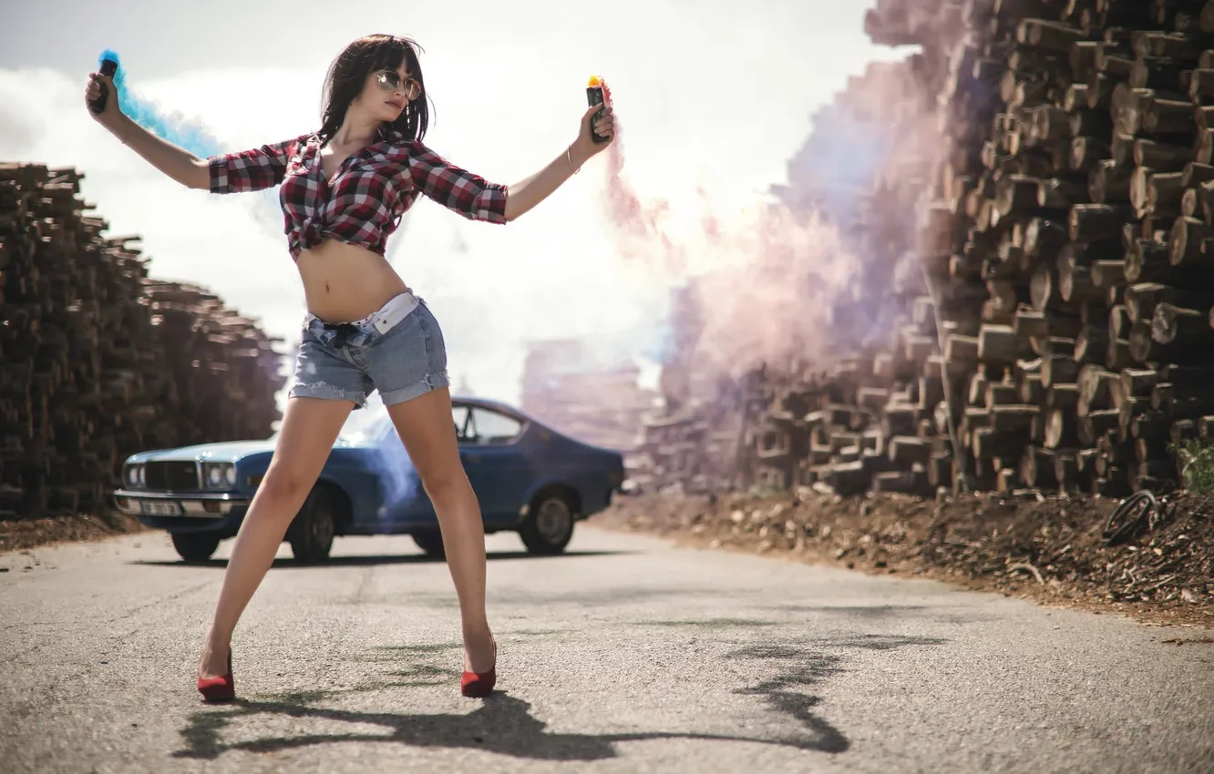 Photo wallpaper asphalt, girl, the sun, sexy, pose, model, shorts, hands