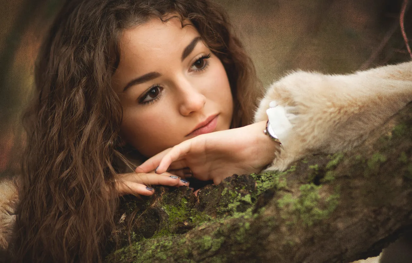 Photo wallpaper girl, trees, face, mood, hair, texture